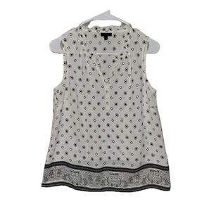 Talbots Sleeveless Ruffle Neck Blouse Cream Black Geo Print Petite Small Career